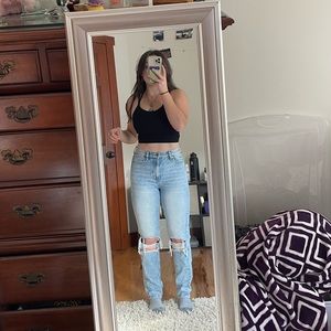 american eagle distressed mom jean - 

high waisted, light blue wash, size 00